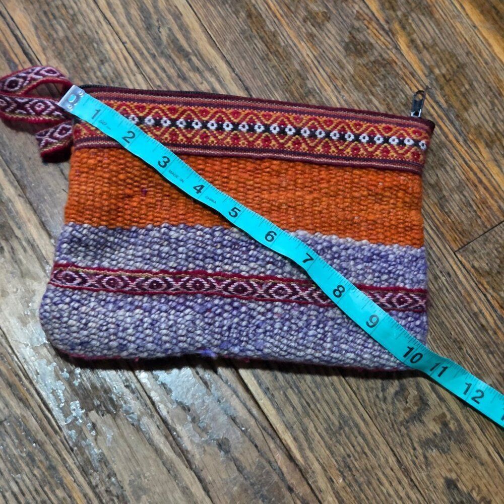 Handmade Woven Boho Wool Wristlet Pouch – Orange & Purple Tribal Pattern - Picture 5 of 6